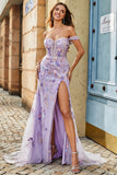 Mauve Mermaid Square Neck Split Front Long Prom Dress With Appliques