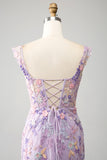 Mauve Mermaid Square Neck Split Front Prom Dress With Appliques