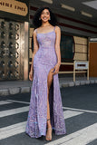 Sparkly Lilac Mermaid Spaghetti Strap Long Prom Dress with High Slit