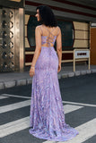 Sparkly Lilac Mermaid Spaghetti Strap Long Prom Dress with High Slit