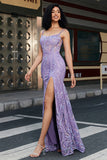 Sparkly Lilac Mermaid Spaghetti Strap Long Prom Dress with High Slit