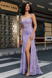 Sparkly Lilac Mermaid Spaghetti Strap Long Prom Dress with High Slit