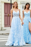 Sky Blue A Line Spaghetti Straps Corset Tulle Prom Dress With Appliques