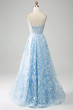 Sky Blue A Line Spaghetti Straps Corset Tulle Prom Dress With Appliques