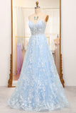 Sky Blue A Line Spaghetti Straps V Neck Tulle Long Corset Prom Dress With Appliques