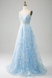 Sky Blue A Line Spaghetti Straps Corset Tulle Prom Dress With Appliques