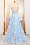 Sky Blue A Line Spaghetti Straps V Neck Tulle Long Corset Prom Dress With Appliques