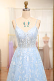 Sky Blue A Line Spaghetti Straps V Neck Tulle Long Corset Prom Dress With Appliques