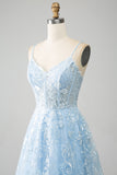 Sky Blue A Line Spaghetti Straps Corset Tulle Prom Dress With Appliques