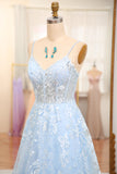 Sky Blue A Line Spaghetti Straps V Neck Tulle Long Corset Prom Dress With Appliques