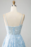 Sky Blue A Line Spaghetti Straps Corset Tulle Prom Dress With Appliques