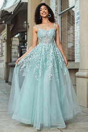 Mint A-Line Glitter Front Slit Tulle Lace Prom Dress With Appliques