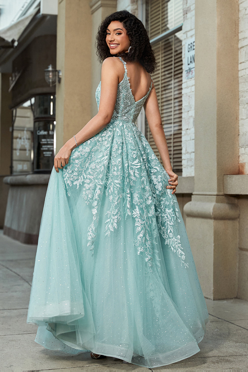 Wedtrend Women Mint Prom Dress A-Line Glitter Front Slit Tulle Lace Evening Dress With Appliques WEDTREND Wedtrend Women Mint Prom Dress A-Line Glitter Front Slit Tulle Lace Evening Dress With Appliques WEDTREND
