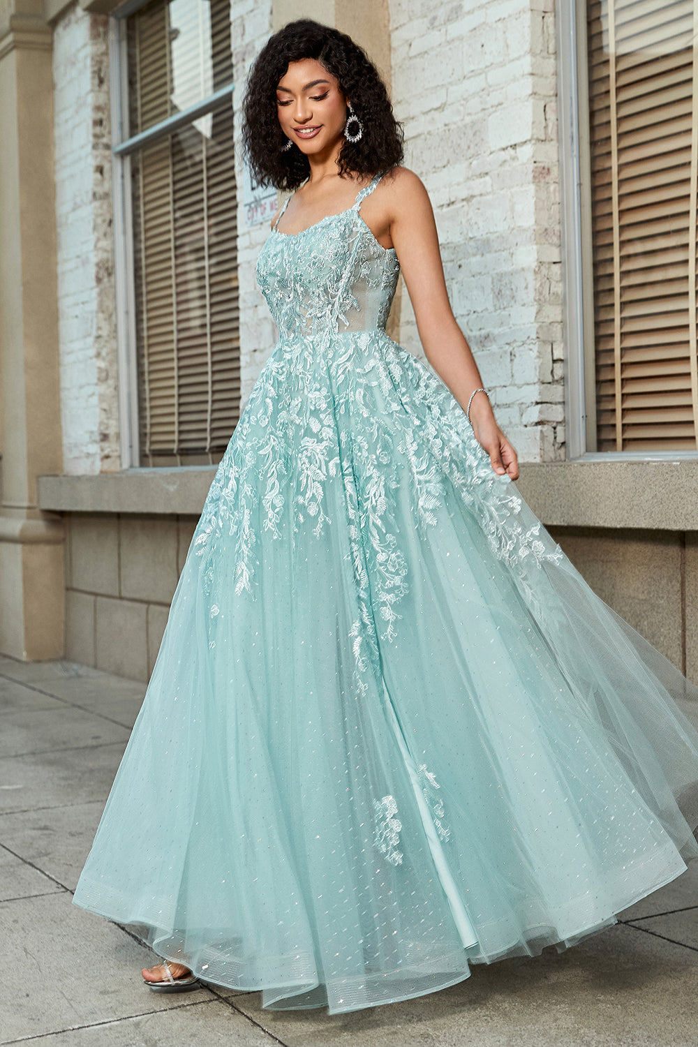 lace and tulle dress Wedtrend Women Mint Prom Dress A-Line Glitter Front Slit Tulle Lace Evening Dress With Appliques – WEDTREND