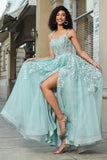 Mint A-Line Glitter Front Slit Tulle Lace Prom Dress With Appliques