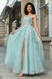 Mint A-Line Glitter Front Slit Tulle Lace Prom Dress With Appliques