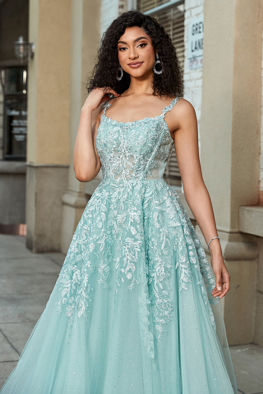 Wedtrend Women Mint Prom Dress A-Line Glitter Front Slit Tulle Lace Evening Dress With Appliques WEDTREND Wedtrend Women Mint Prom Dress A-Line Glitter Front Slit Tulle Lace Evening Dress With Appliques WEDTREND