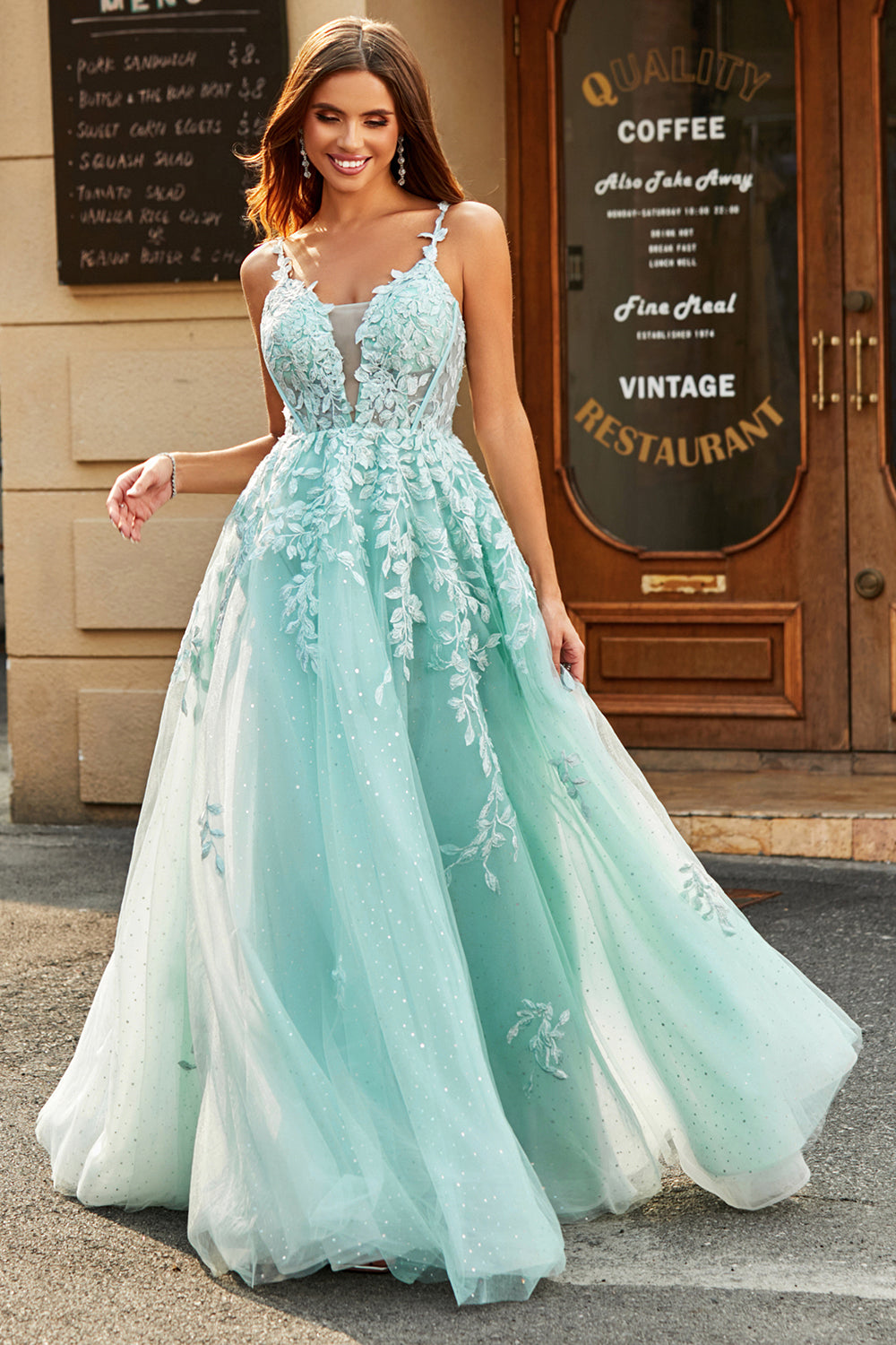 Mint Ball-Gown Glitter Beaded Tulle Long Prom Dress With Lace Leaf Appliques