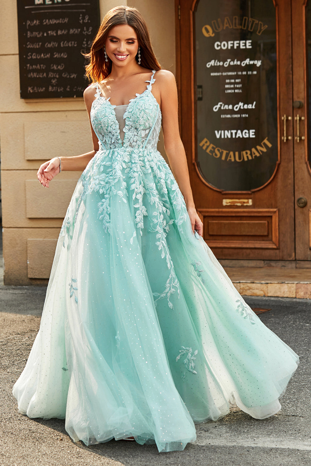 Wedtrend Women Mint Prom Dress Ball-Gown Glitter Beaded Tulle Long Evening Dresses With Lace Leaf Appliques WEDTREND Wedtrend Women Mint Prom Dress Ball-Gown Glitter Beaded Tulle Long Evening Dresses With Lace Leaf Appliques WEDTREND