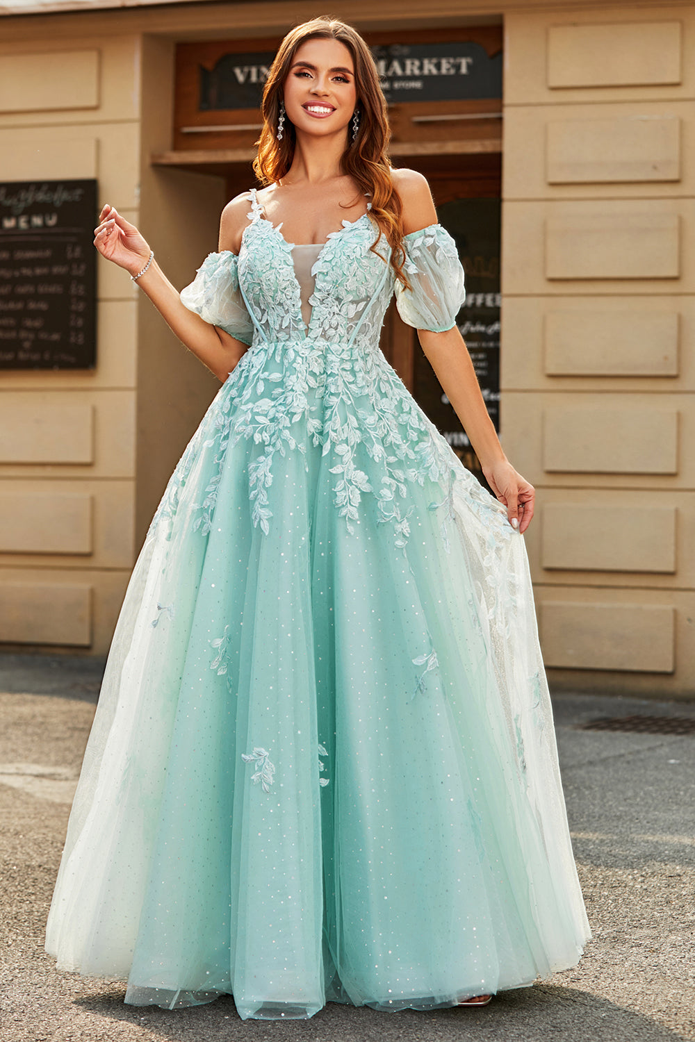 Mint Ball-Gown Glitter Beaded Tulle Long Prom Dress With Lace Leaf Appliques