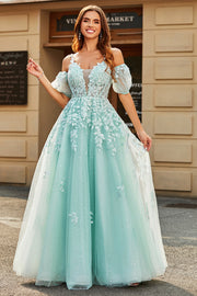 Mint Ball-Gown Glitter Beaded Tulle Long Prom Dress With Lace Leaf Appliques