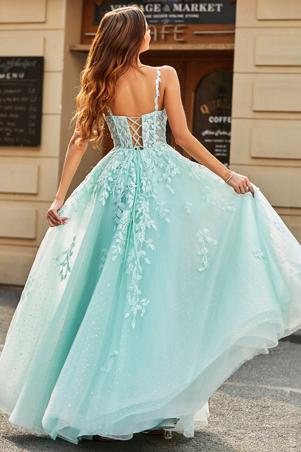 Wedtrend Women Mint Prom Dress Ball Gown Glitter Beaded Tulle Long Evening Dresses with Lace Leaf Appliques Mint US12