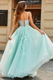 Mint Ball-Gown Glitter Beaded Tulle Long Prom Dress With Lace Leaf Appliques