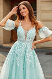 Mint Ball-Gown Glitter Beaded Tulle Long Prom Dress With Lace Leaf Appliques