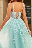 Mint Ball-Gown Glitter Beaded Tulle Long Prom Dress With Lace Leaf Appliques