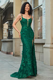 Dark Green Stylish Mermaid Spaghetti Strap Long Prom Dress with Appliques