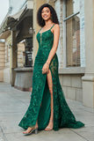 Dark Green Stylish Mermaid Spaghetti Strap Long Prom Dress with Appliques