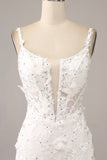 Ivory Mermaid Spaghetti Straps Long Corset Wedding Dress with Appliques