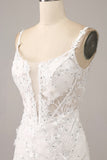 Ivory Mermaid Spaghetti Straps Long Corset Wedding Dress with Appliques
