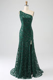 Sparkly Dark Green Mermaid One Shoulder Sequin Prom Dress with Slit