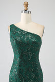 Sparkly Dark Green Mermaid One Shoulder Sequin Prom Dress with Slit