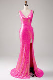 Sparkly Blush Mermaid V-Neck Long Prom Dress with Front Slit