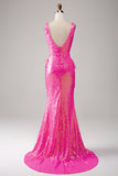 Sparkly Blush Mermaid V-Neck Long Prom Dress with Front Slit