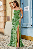 Floral Print Mermaid Spaghetti Straps Long Olive Prom Dress With Slit