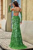Floral Print Mermaid Spaghetti Straps Long Olive Prom Dress With Slit