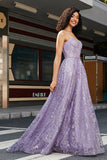 Sparkly Lilac A-Line Spaghetti Straps Long Corset Prom Dress with Sequins