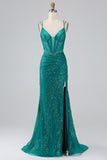 Sparkly Dark Green Mermaid Spaghetti Straps Sequin Corset Long Prom Dress With Slit