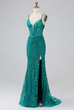 Sparkly Dark Green Mermaid Spaghetti Straps Sequin Corset Long Prom Dress With Slit