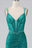 Sparkly Dark Green Mermaid Spaghetti Straps Sequin Corset Long Prom Dress With Slit