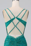 Sparkly Dark Green Mermaid Spaghetti Straps Sequin Corset Long Prom Dress With Slit