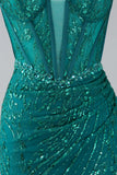 Sparkly Dark Green Mermaid Spaghetti Straps Sequin Corset Long Prom Dress With Slit