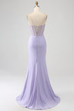Lavender Mermaid Cutout Glitter Corset Satin Prom Dresses with Pleated Split