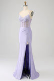 Lavender Mermaid Cutout Glitter Corset Satin Prom Dresses with Pleated Split