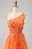 Orange A-Line One Shoulder Long Tulle Applique Prom Dress With Slit