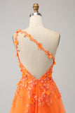 Orange A-Line One Shoulder Long Tulle Applique Prom Dress With Slit