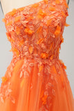 Orange A-Line One Shoulder Long Tulle Applique Prom Dress With Slit